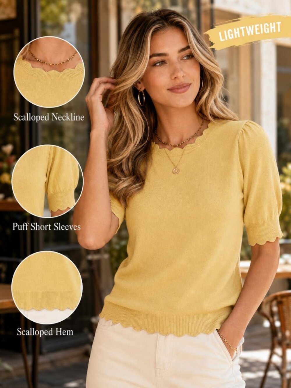Women's Light Yellow Short Sleeve Crew Neck Pull On Imported Casual Sweater - Picture 4 of 6